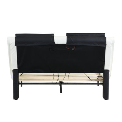 Faux Leather Upholstered Platform Bed Frame with led lighting, Bluetooth connection to play music control, Backrest vibration massage, Curve Design, Wood Slat Support, No Box Spring Needed, Queen