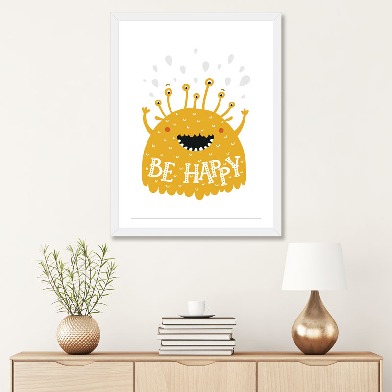 «Little Monsters Be Happy», reproduction d'impression, H 32 po x l 24 po x P 1 po, Papier encadré blanc, Blanc