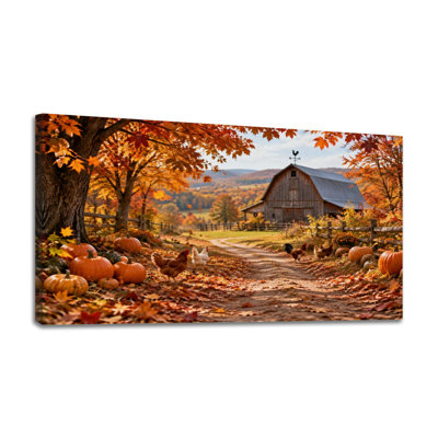 Tableau encadré sur toile, motif d'animaux de ferme d'automne, grange rustique, citrouilles orange, poules. Décoration murale moderne et esthétique. Impression sur toile tendue, 61 cm (H) x 122 cm (L). Peinture texturée, prête à accrocher. Parfait pour le salon, la chambre à coucher, la salle de bain, la salle à manger ou le bureau.