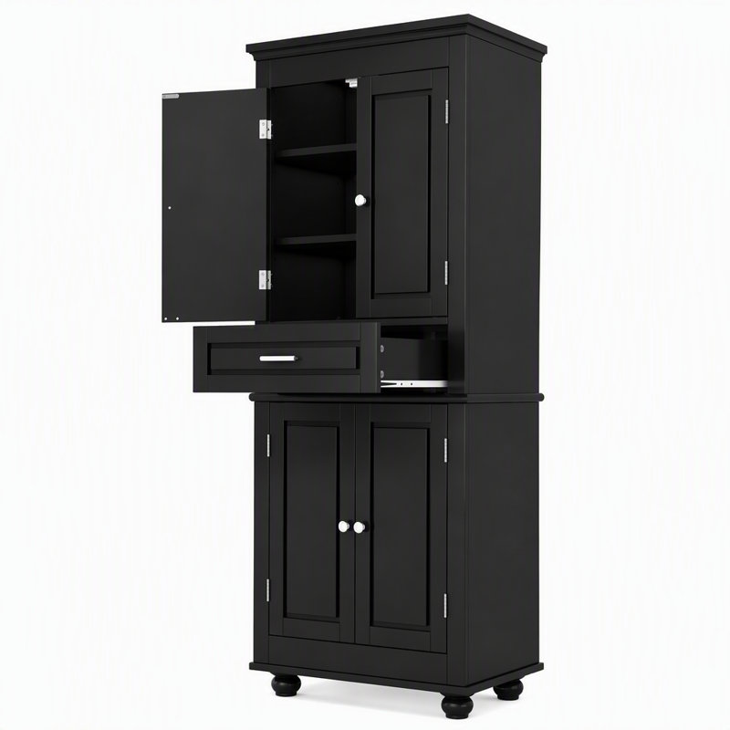 Armoire de rangement haute pour salle de bain avec étagères réglables, tiroirs, 4 portes et poignée en métal, Noir