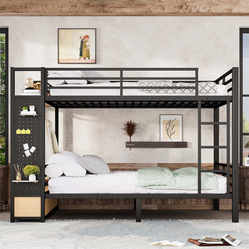 Grand lit superposé en métal avec tablettes de rangement, tiroirs et panneau perforé pour adolescents, design compact et multifonctionnel en noir