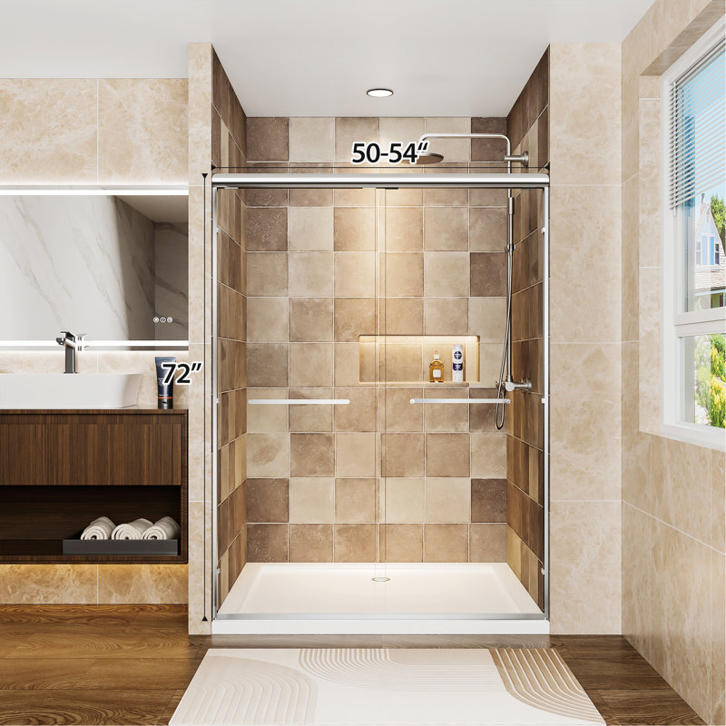 Aluminum Frame Double Sliding Shower Door, Tempered Glass Shower Door With Explosion-Proof Film And Stainless Steel Handles