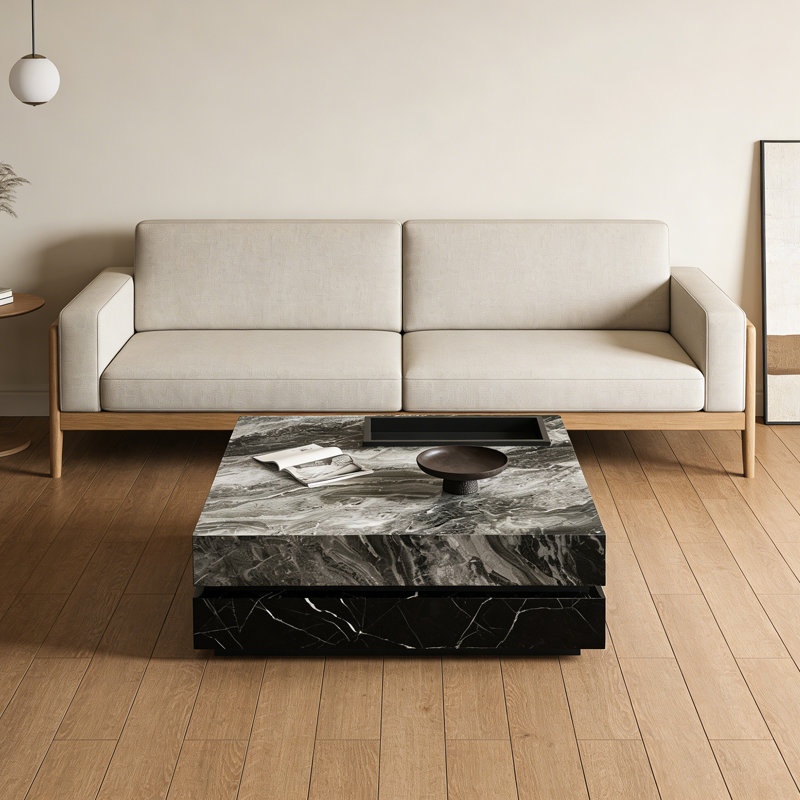 Table basse carrée sur pied avec plateau, H 13,77 po x L 31,49 po x l 31,49 po, Gris, Noir