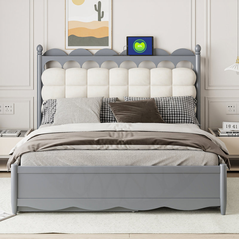 Lit standard à 2 tiroirs avec lit gigogne et tête de lit tapissier, Gris