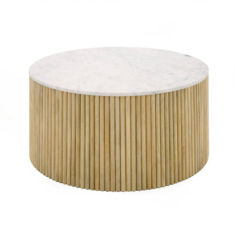 Carmela Round White Marble and Mango Wood Coffee Table