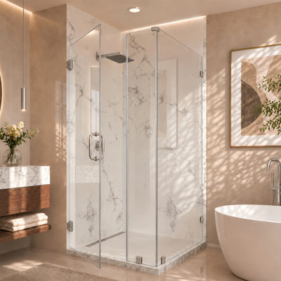 Nirvana 44"W x 36"D x 80"H Frameless Wall-Hinged 90-Degree Corner Shower Enclosure, 3/8"(10mm) Thick Clear Easy-Clean Glass in Brushed Nickel