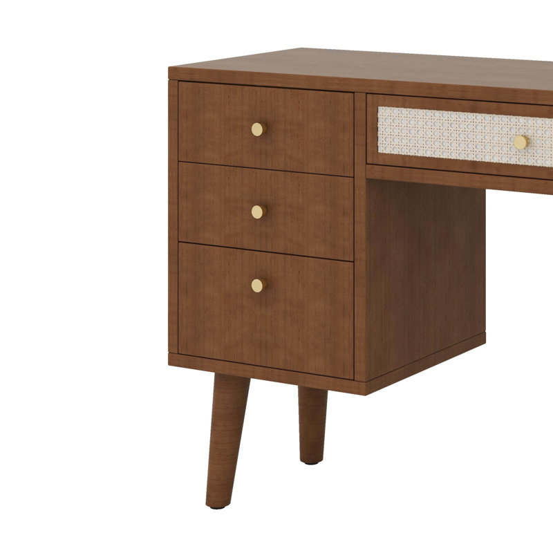 Ensemble de chambre à coucher 3 pièces avec cadre de lit en bois, 1 table de chevet rétro et 1 coiffeuse de maquillage avec tabouret