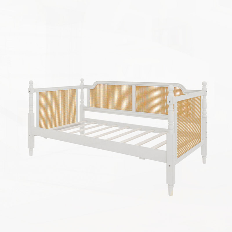 Lit de jour en rotin de style traditionnel avec 2 tiroirs pour un espace limité, Lit simple, Blanc antique