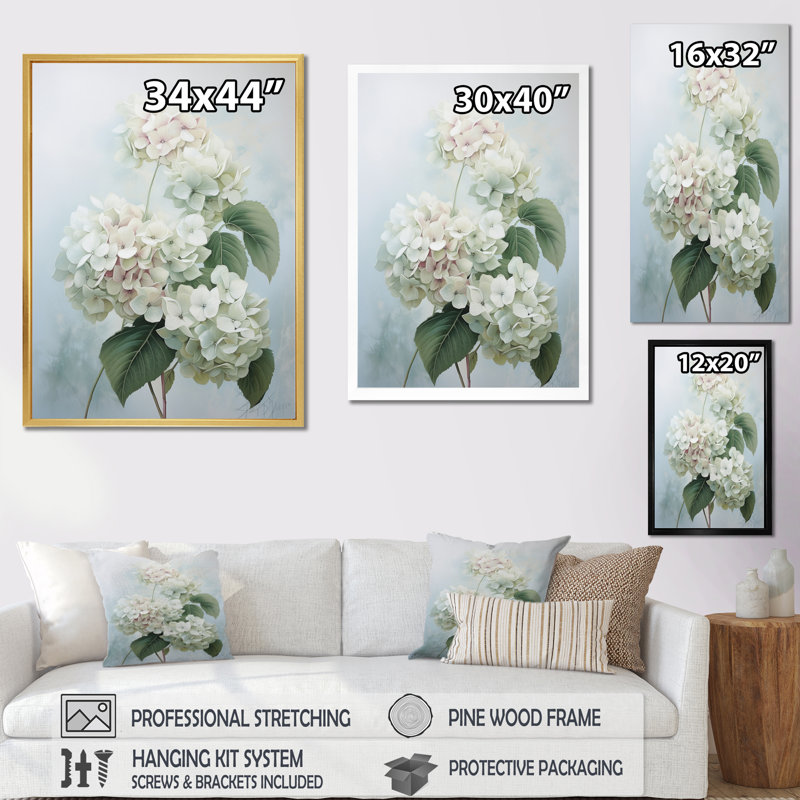 White Hydrangea Whispering Blooms " White Hydrangea Whispering Blooms ", Black Picture Framed, 20" H x 12" W x 1" D