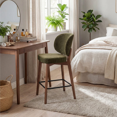 Mid-Century Modern Counter Stool, Fabric Upholstered Barstool with Wingback, Armless Counter Height Bar Stool With Wood Legs, Metal Footrest, For Kitchen Island Bar Counter, Green, Single