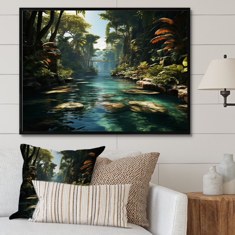 Oasis dominicaine tropicale II - plage côtière, art sur toile, 16" H x 32" W, Cadre flottant noir