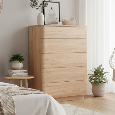  5 Drawer Modern Dresser, Wood Wide Chest of Drawers