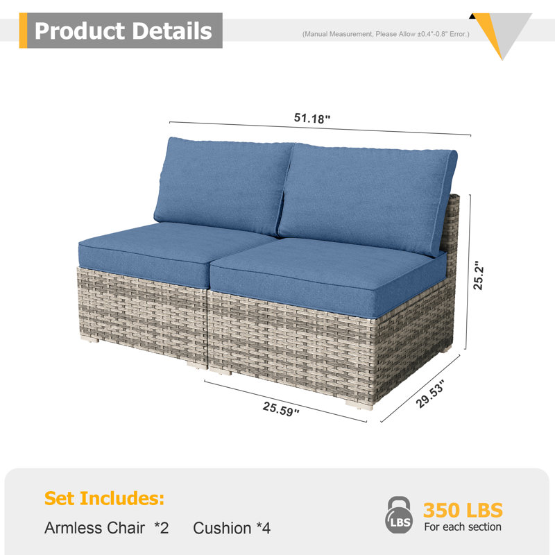 2-Person Outdoor Sectional With Cushions,All-Weather Wicker Patio Loveseat, Denim Blue