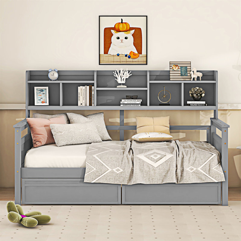 Lit de jour avec tablettes de chevet et deux tiroirs, gris, Simple