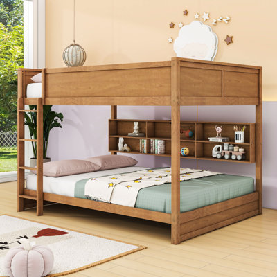 Queen Over Queen Wood Bunk Bed With Built-In Charging Station And Storage Shelves
