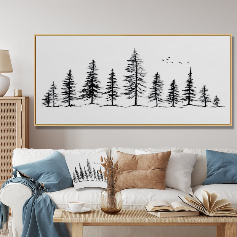 «Pine Tree Forest In Winter Wonderland», reproduction d'art sur toile Nature, H 28 po x l 60 po, Cadre flottant, Crème