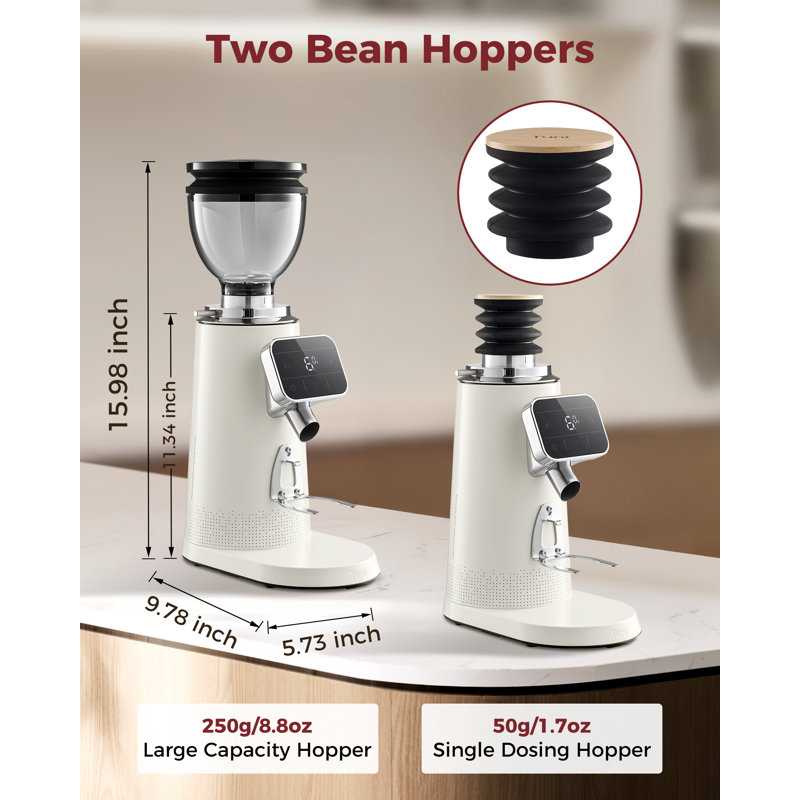 Tuni G3 64mm Flat Burr Coffee Grinder, 100 Grind Settings Electric Espresso Grinder with Single Dose Set | Commercial Grade Precision, Touchscreen | Anti-Static Tech | Stainless Steel (Ivory)