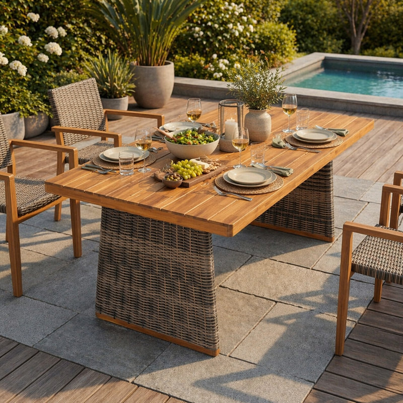 Table de salle à manger d'extérieur en bois d'acacia, Teck / gris