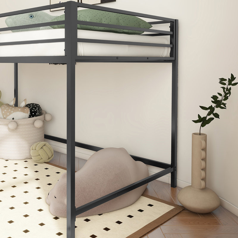 Square Tube Bedroom Loft Bed Black - Suitable For Residential Treatment Facilities Twin Metal Construction With Guardrails, Easy Climb , Noise, Frame, No Box Spring