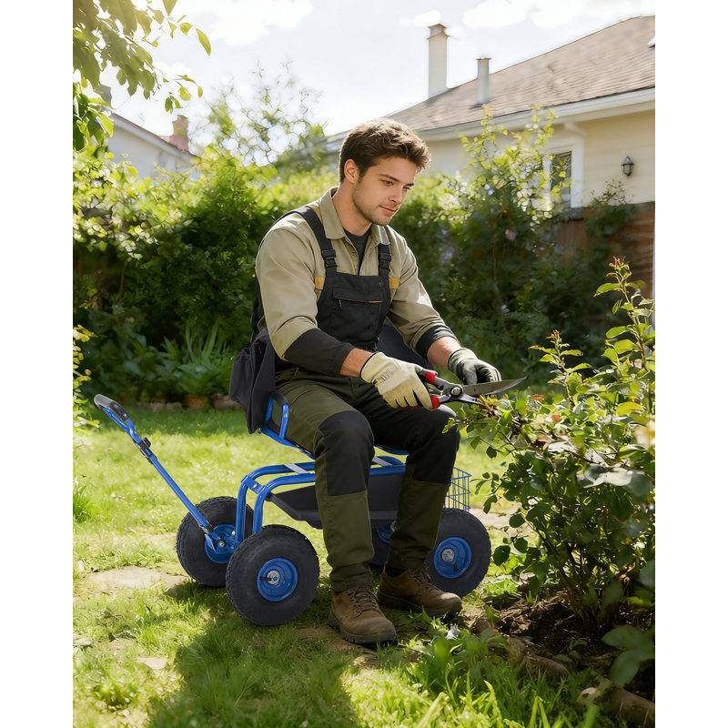 Siège de jardin roulant, tabouret de travail robuste, roues de 10 po, pivotant, réglable, avec plateau à outils, bleu Gentiane