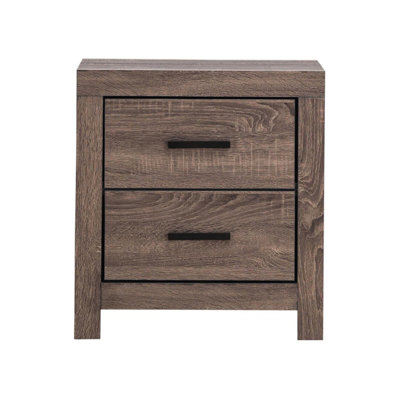 Luxueuse table de chevet 2 tiroirs avec texture de chêne et meubles de chambre à coucher avec tiroirs et structure en métal de couleur brune