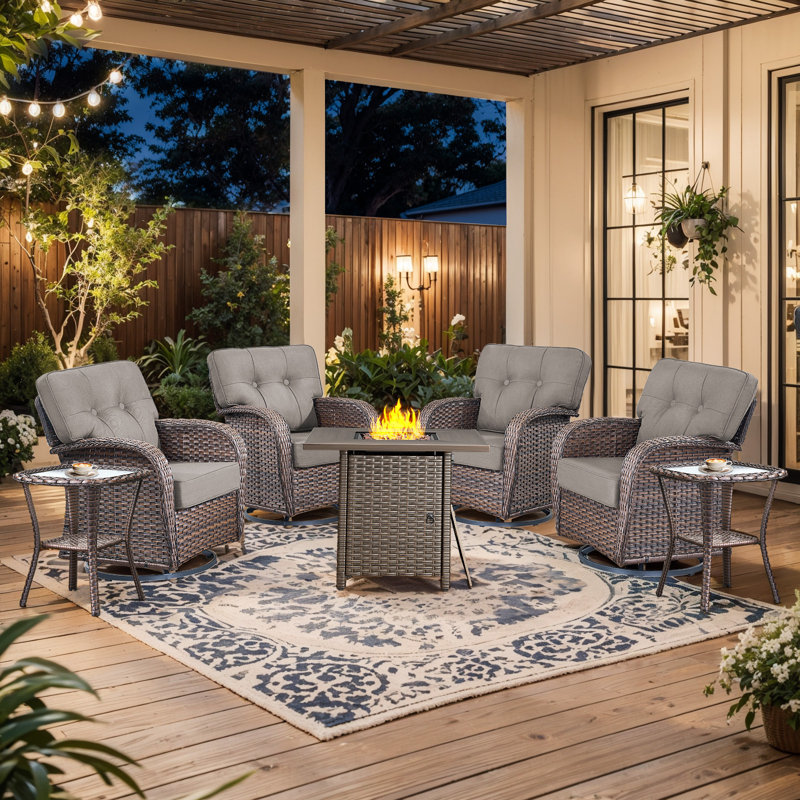Teebeck 7-Piece Outdoor Swivel Wicker Rattan Patio Conversation Set With Cushions And Square Fire Pit Table, Gray