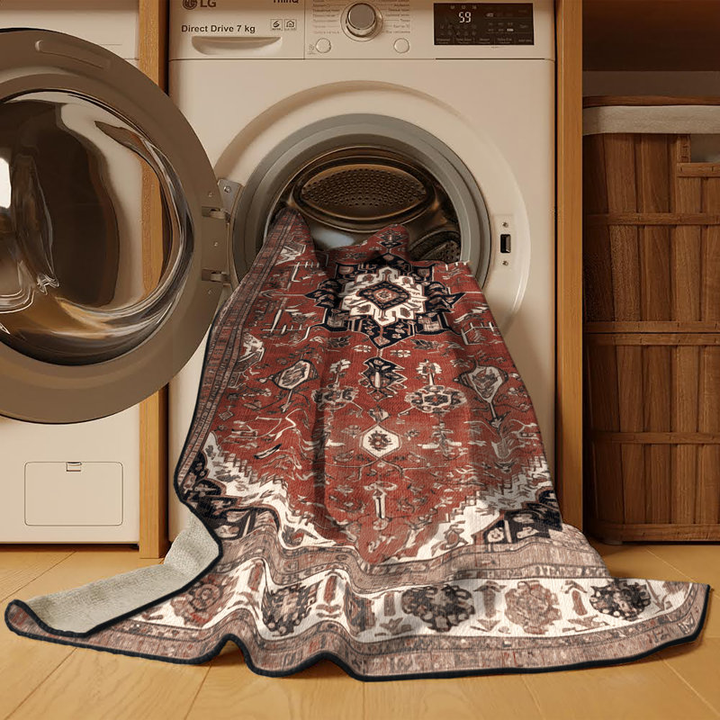 Machine Washable Persian Black Area Rug, Round 4'