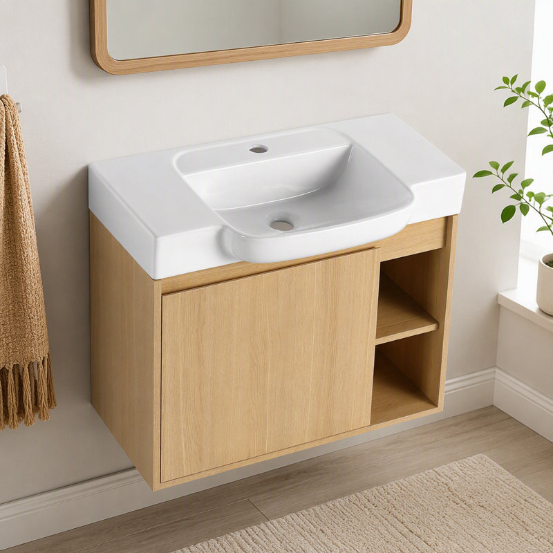 Meuble-lavabo mural avec lavabo en céramique blanche et porte à fermeture en douceur, Light Oak, 27"