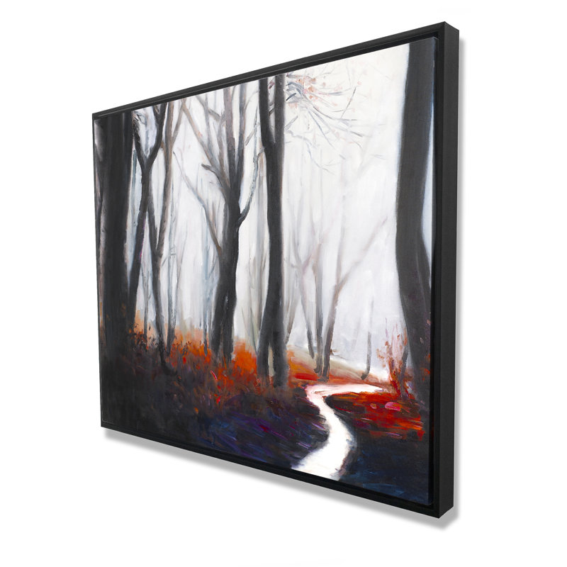 «Mysterious Forest with Stream» - Toile encadrée contemporaine grise
