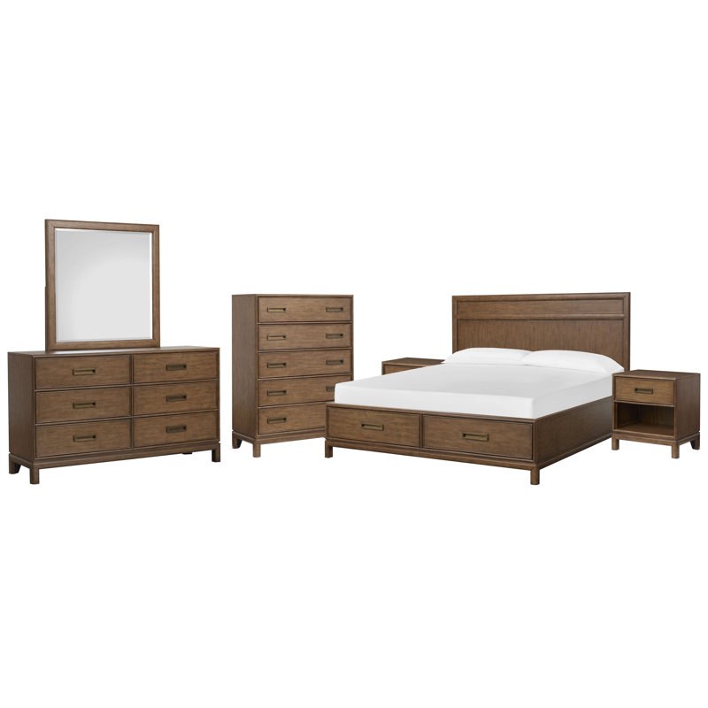 Grande commode à 2 tiroirs avec miroir de paysage et commode tiroir, 6 Pcs:Bed,2Nightstand,Dresser,Mirror,Drawer Chest