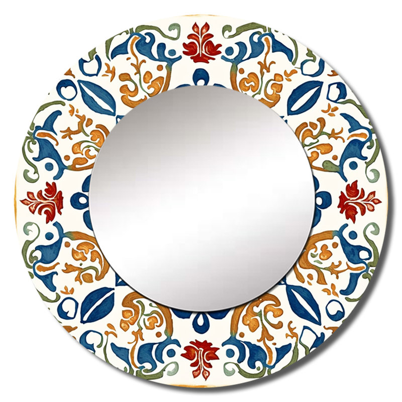 Mediterranean Tiles In Retro Blue VII - Abstract Tile Round Mirror Wall Decor, 29" x 29"