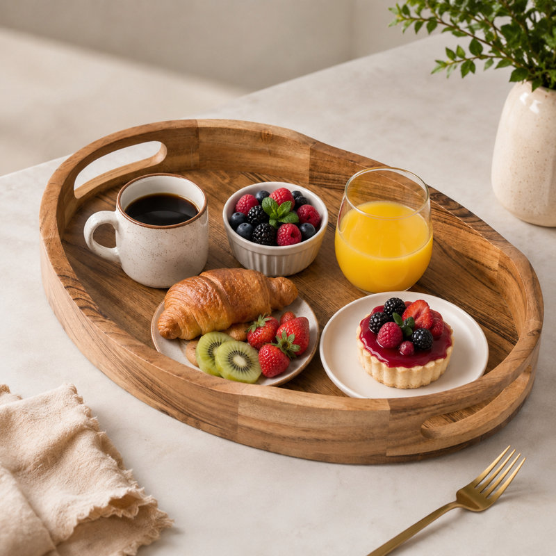 Handcrafted Acacia Wood Oval Brown Serving Tray