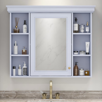 Wall Mounted Bathroom Storage Cabinet With Mirror Door, Modern Bathroom Wall Cabinet With Mirror, Medicine Cabinet With 6 Open Shelves(35'' X 28'')