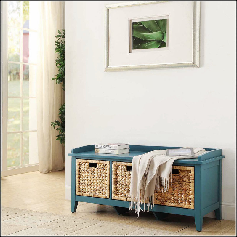 Beige and Teal Bench with 3-Drawer