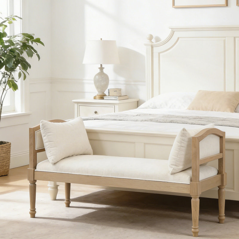 Banc rembourré avec pieds tournés et coussins latéraux, Beige, Beige