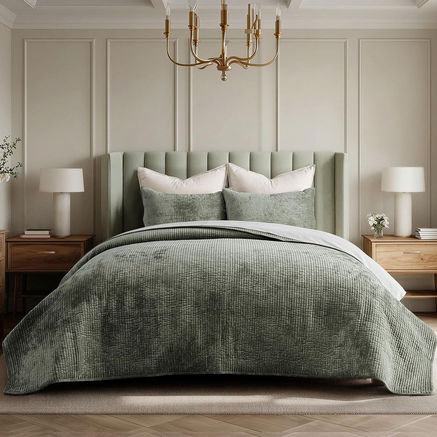 Striped Channel Velvet Quilt Set, Queen, Dried Thyme