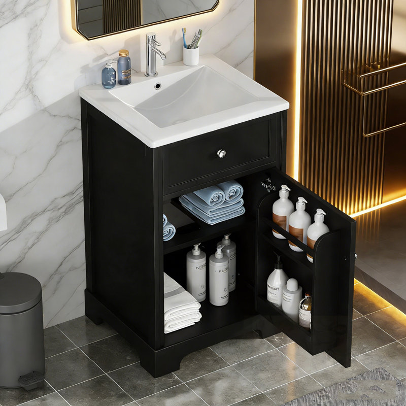 Meuble-lavabo de salle de bain avec lavabo, porte à fermeture douce, support de rangement et tablette réglable, Noir