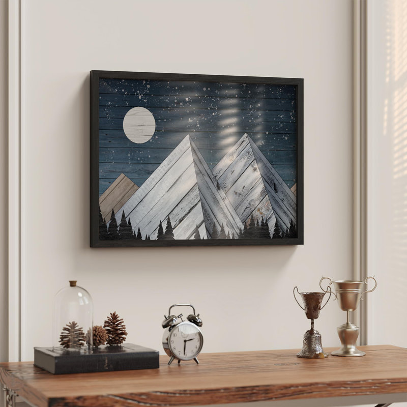 Montagnes bleues en bois sous les étoiles, Illustration moderne, petit décor, œuvre d'art moderne, Noir, H 11 po x l 14 po