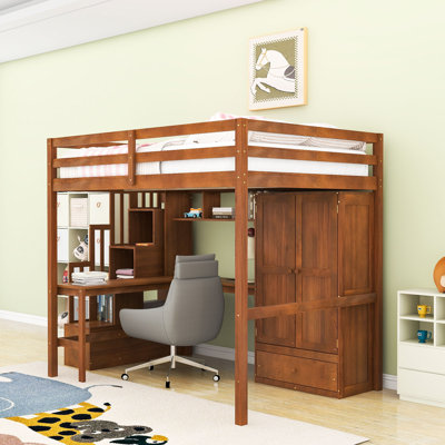 Full-Size Loft Bed with Integrated Desk, Wardrobe, and USB Charging Station