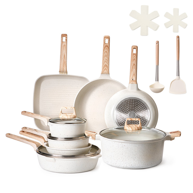Batterie de cuisine antiadhésive à induction 19 pièces, Blanc