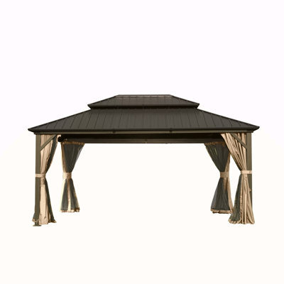Pavillon de jardin à toit rigide de 12 pi x 16 pi, pavillon en métal et aluminium avec double toit en acier galvanisé, rideau et filet, pavillon de pavillon permanent pour fête, mariage, repas en plein air, brun