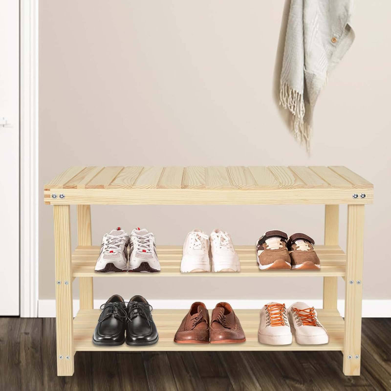 Banc de rangement pour 6 paires de chaussures, étagère à chaussures à 3 niveaux, Bois naturel