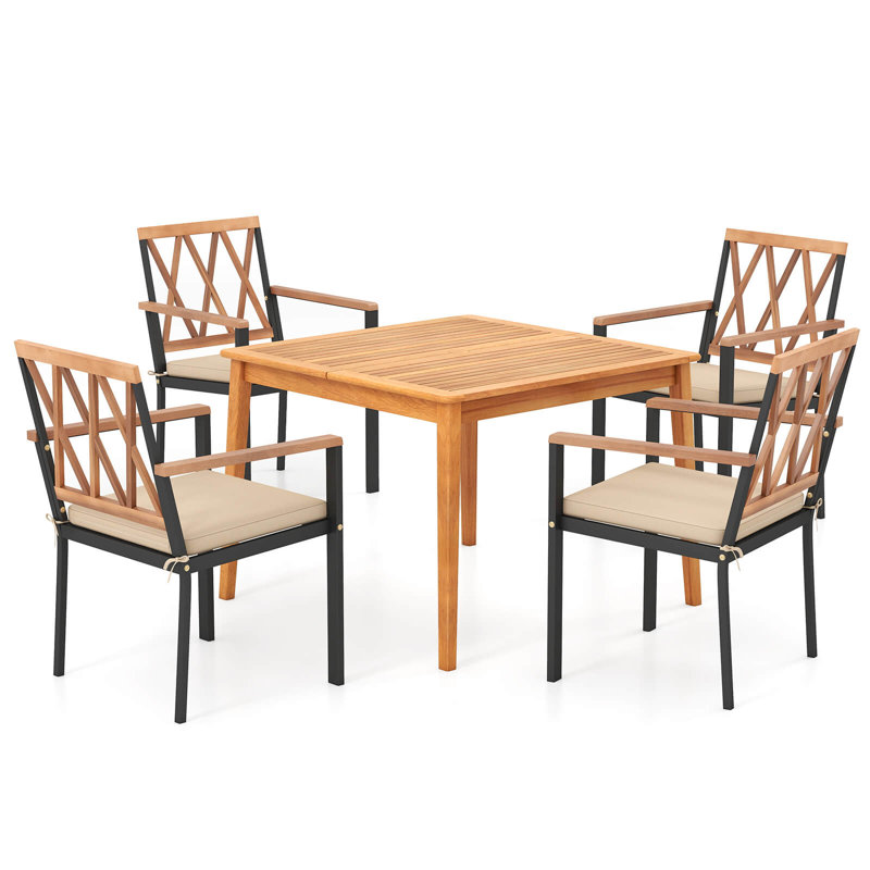 Set Of 5 Patio Acacia Wood Dining Set w/ Soft Seat Cushions Umbrella Hole for Yard