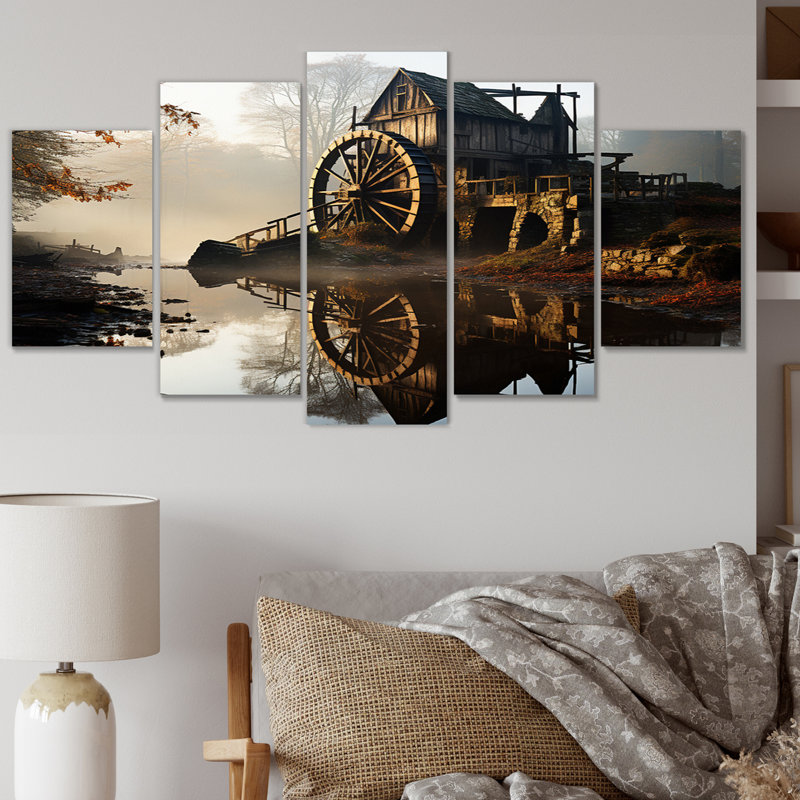 «Brown Grey Mills Misty Morning Millan», reproduction sur toile - 5 panneaux