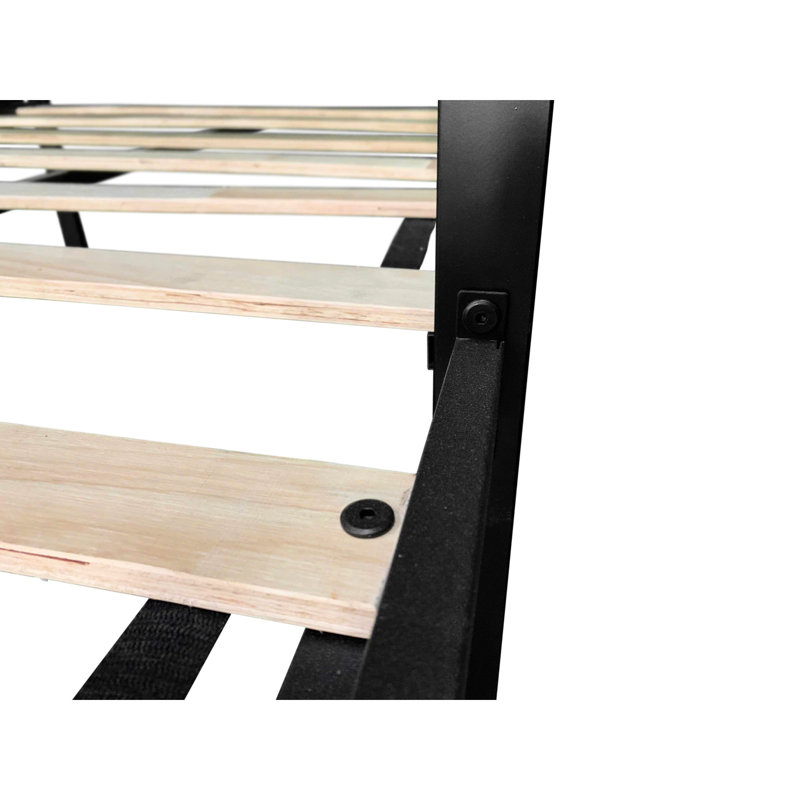 Triple Twin Bunk Bed In Black Metal With Quiet Slats, Lower Side Table, Extended Top Space, And Full Guardrails For Vacation Rentals L-Shaped Steel Structure, Noise Wood Table On Lower, Full Siblings
