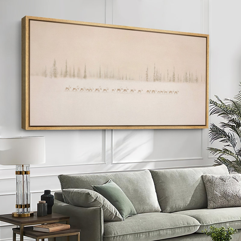 Grande impression sur toile encadrée - Paysage de neige avec impression de forêt lointaine pour décor de Noël minimaliste