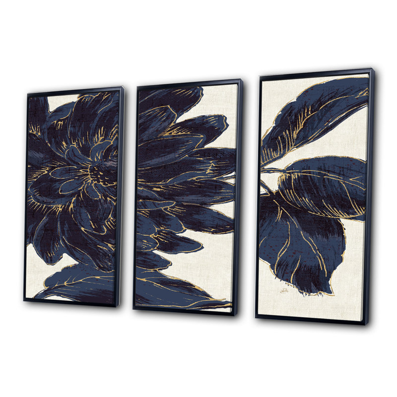 Indigo or fleur métallique - 3 pièces, peinture sur toile, H 32 po x l 48 po, Noir