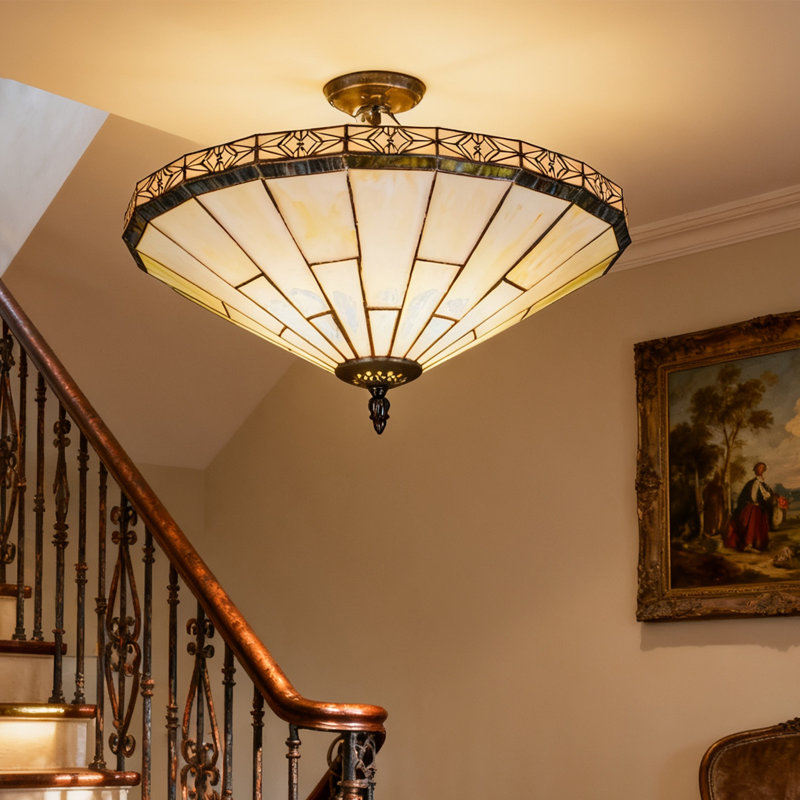 Plafonnier semi-encastré 3 lumières avec abat-jour en verre Tiffany Style