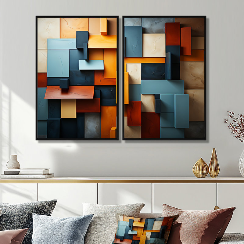 Cubist Harmony Tones Collage - Décoration murale cubisme abstrait, Noir, H 36 po x l 48 po, Impression encadrée flottante