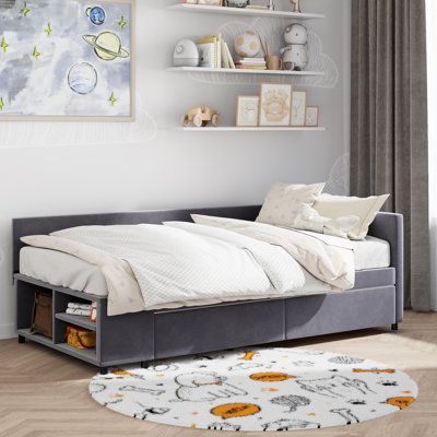 Twin Size L-Shaped Upholstered Platform Bed With Storage And Drawers